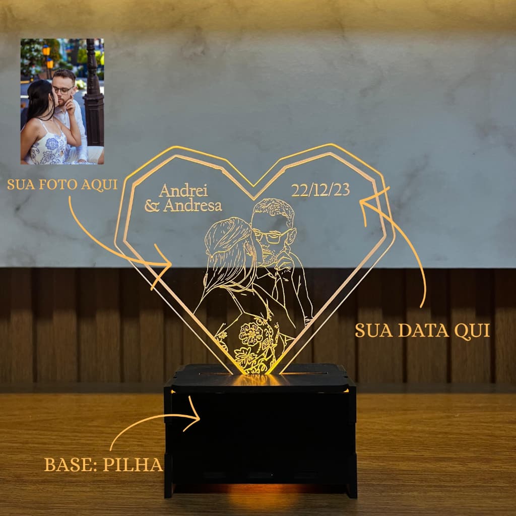 Luminária Personalizada com Foto – LED + Gravação a Laser | Presente Romântico Exclusivo