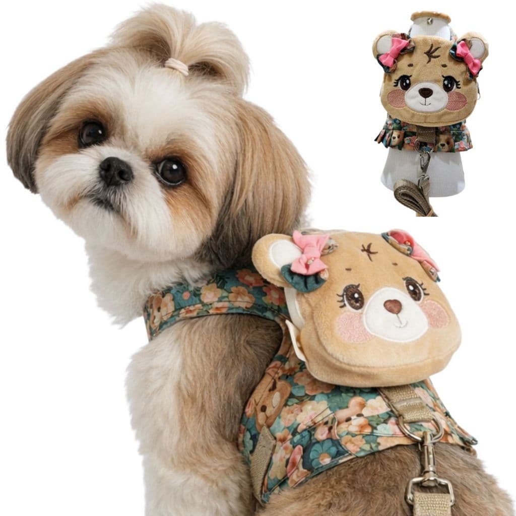 Coleira Peitoral Com guia  Mochila Cães e Gatos ursinha ajustavel