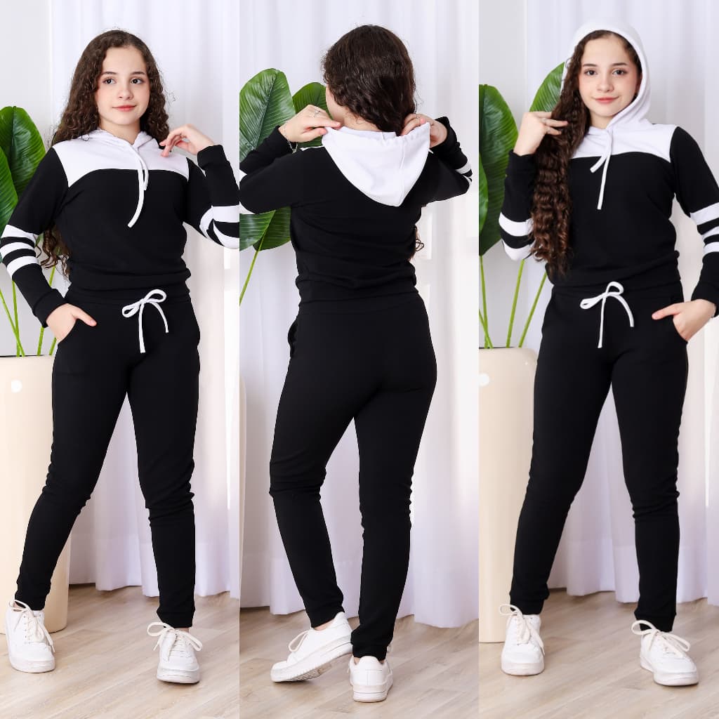 Conjunto Moletom  infanto-juvenil bicolor com capuz Tendência Outono e inverno