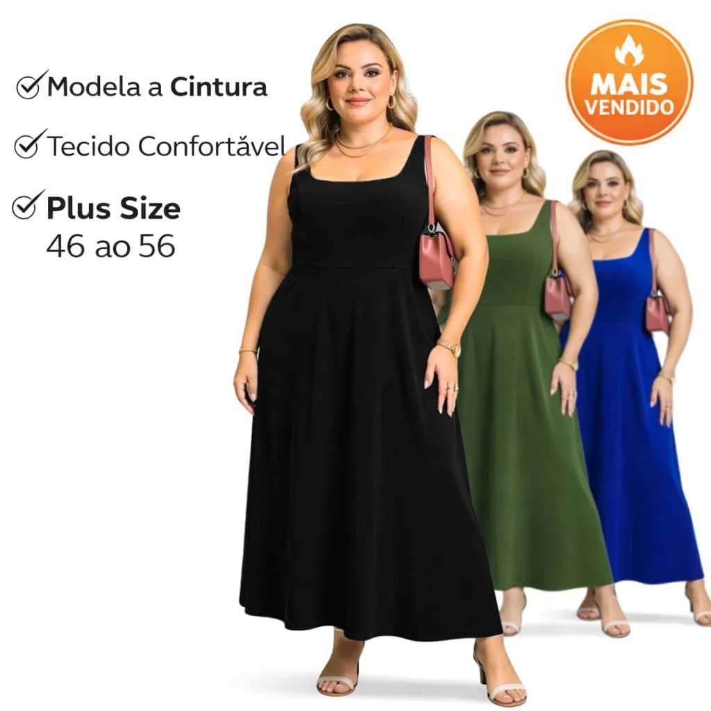 Vestido Plus Size Feminino com Elastex nas Costas de Alça Larga Liso