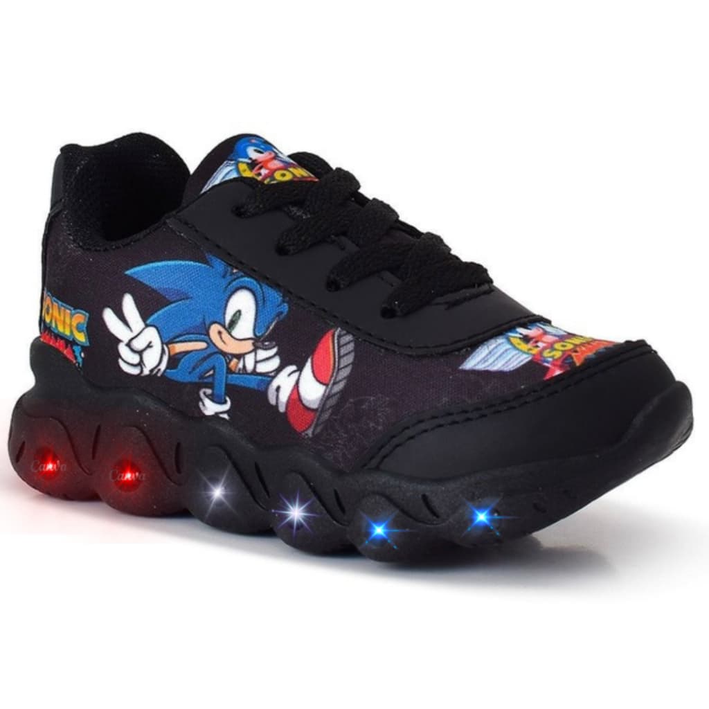 Tênis Infantil Sonic Menino Preto Casual Com Led Super Confortável Lançamento