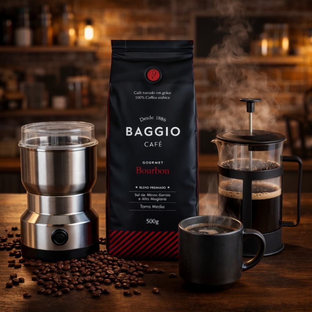 Cafeteira Prensa Francesa 300ml Moedor Elétrico Inox Triturador 110v ou 220v Café em Grão Baggio Gourmet 500g Premium