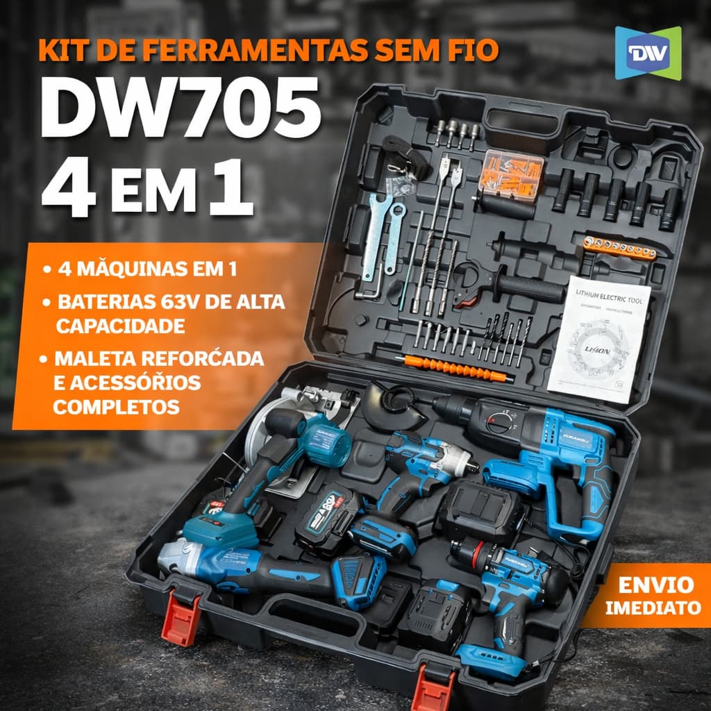 Kit de Ferramentas Elétricas Sem Fio Jogo Completo com 4 Máquinas, Baterias 68V e Maleta DW705