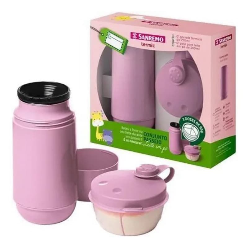 Kit Garrafa Térmica Infantil 250ml com Pote Leite em Pó Sanremo Rosa Conserva Temperatura
