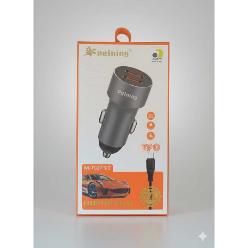 Carregador Veicular Ultra Rápido Turbo Dual USB + Cabo Tipo C