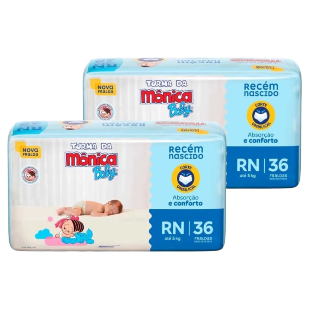 Kit 02 Pacotes (Promoção) Fralda Descátavel Turma da Mônica Baby RN 72 Unidades