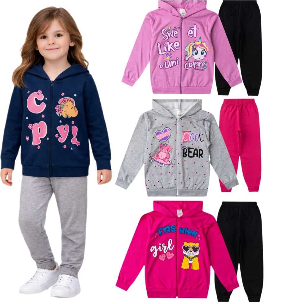 Kit 2 Peças de Moletom Infantil Menina Roupa Menina Inverno 2 Peças - 1 Jaqueta e 1 Calça com Estampas Adoráveis