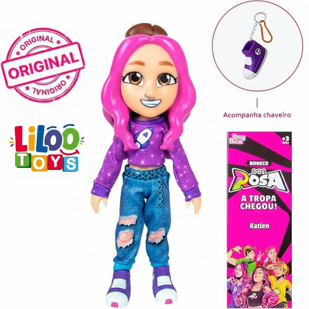 Boneca Katlen Dos Rosa Youtuber Infantil Articulada 25Cm Original Baby brink Com Chaveiro