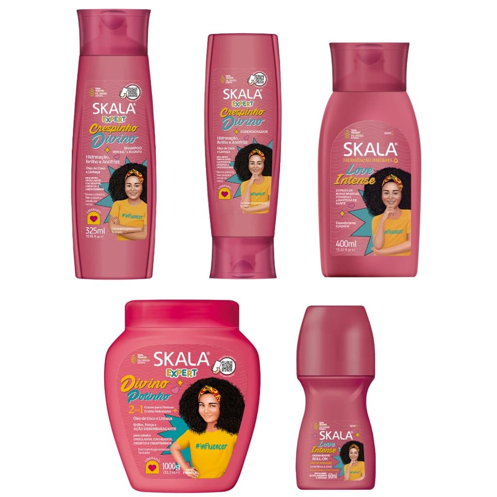 Kit nfantil Skala Crespinho Divino Cachos Shampoo Condicionador Creme Hidratante Desodorante RollOn