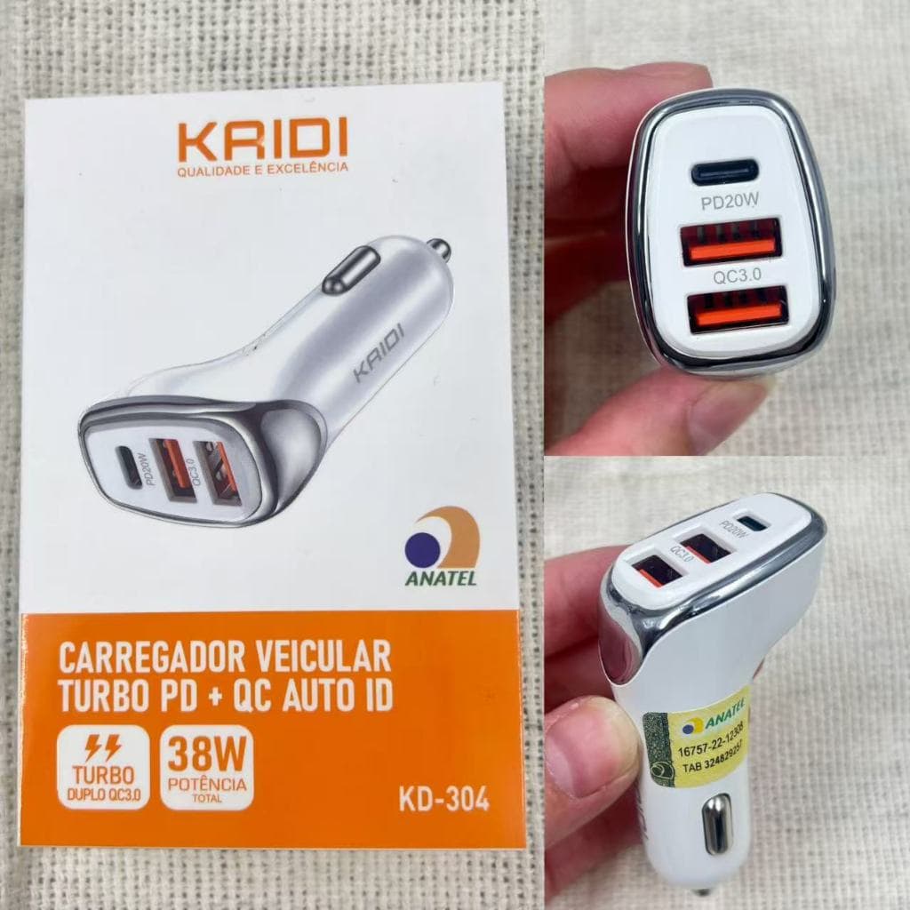 Carregador Veicular Com 3 Entradas Turbo Kaidi Kd-304 Branco Com Anatel( sem cabo)