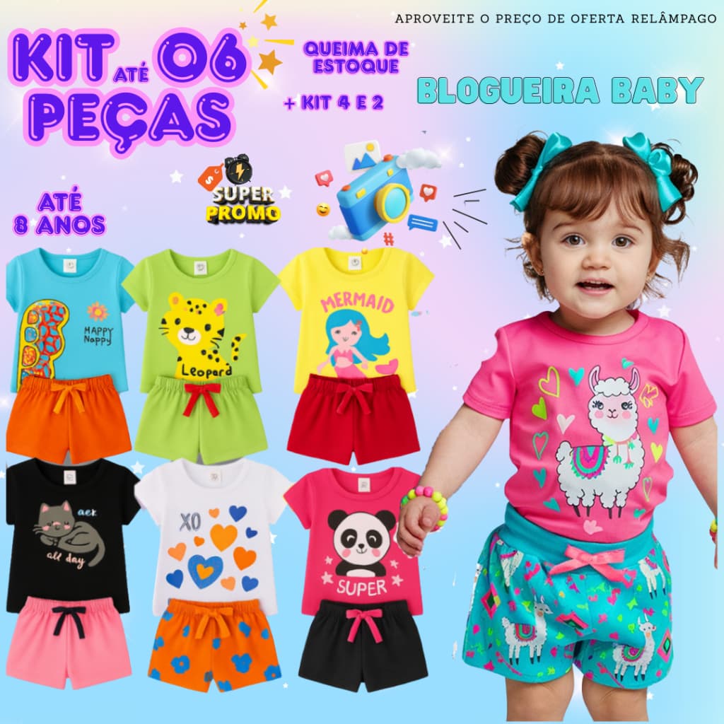Kit até 6 Peças Conjunto Infantil Menina Blogueira Verão Look Estiloso Roupa Criança Bebê Casual
