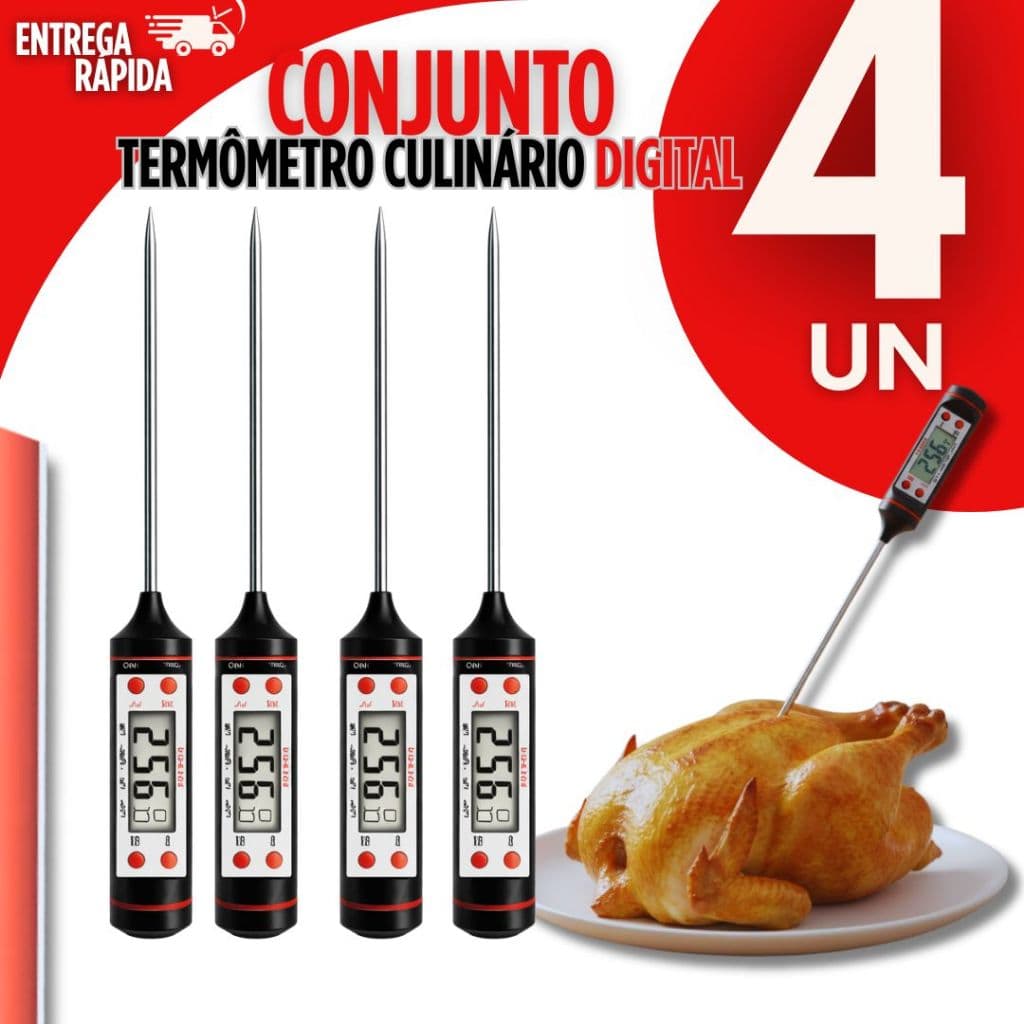 Conjunto 04 Peças Termômetro Digital Espeto Alta Precisão Cozinha, Churrasco Confeitaria Premium