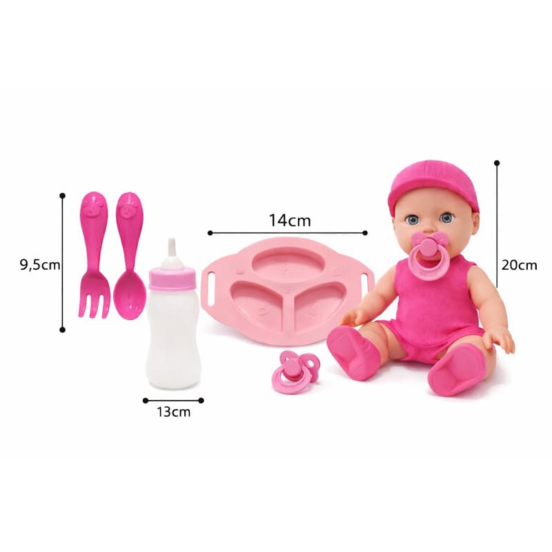 Boneca Bebê 20cm com chupeta /Kit Alimentação Completo – Mamadeira, Prato, Talheres e Chupet