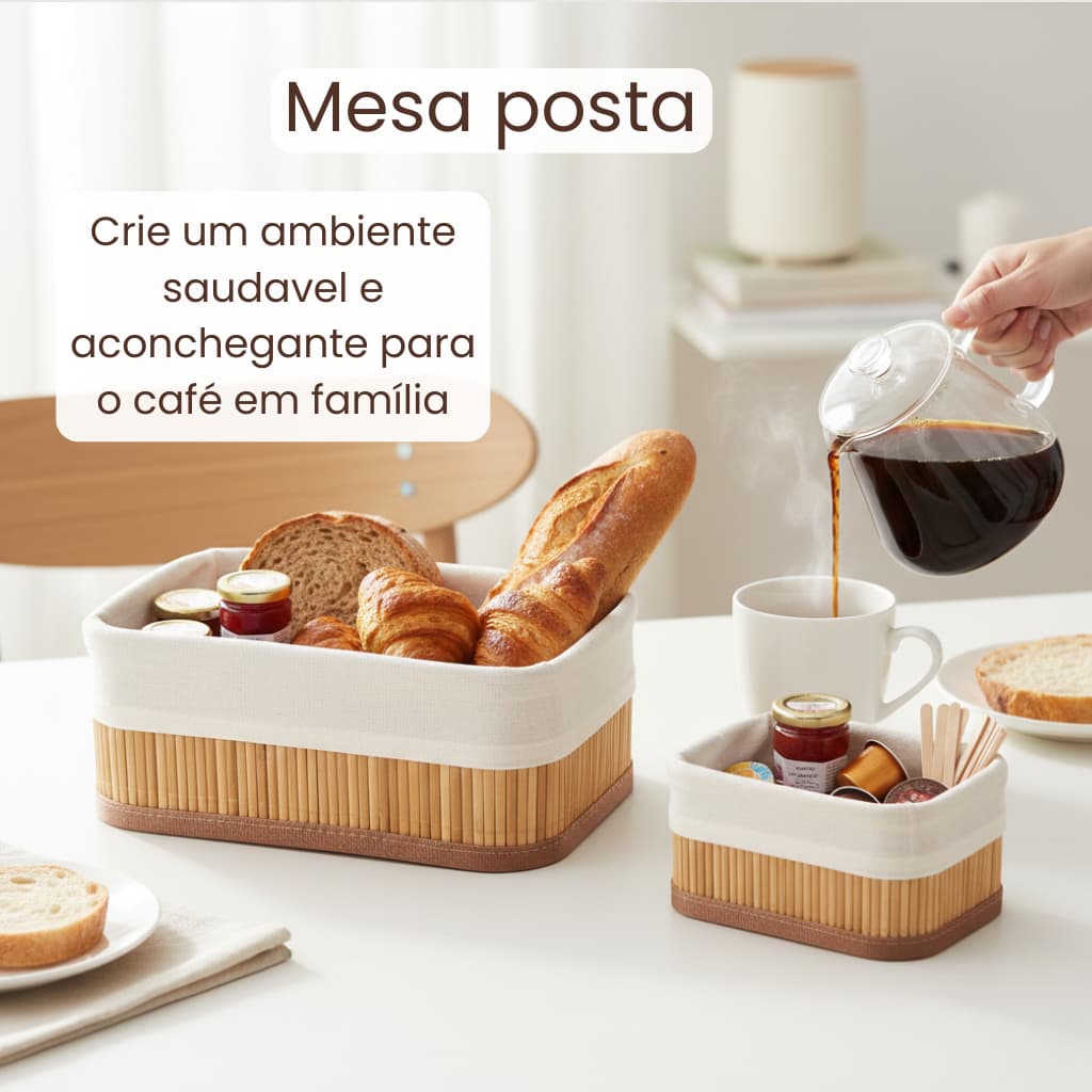 Kit  Cestos Organizadores de Bambu com Forro Lavável - Cesta Multiuso Premium para Banheiro Closet e Mesa Posta