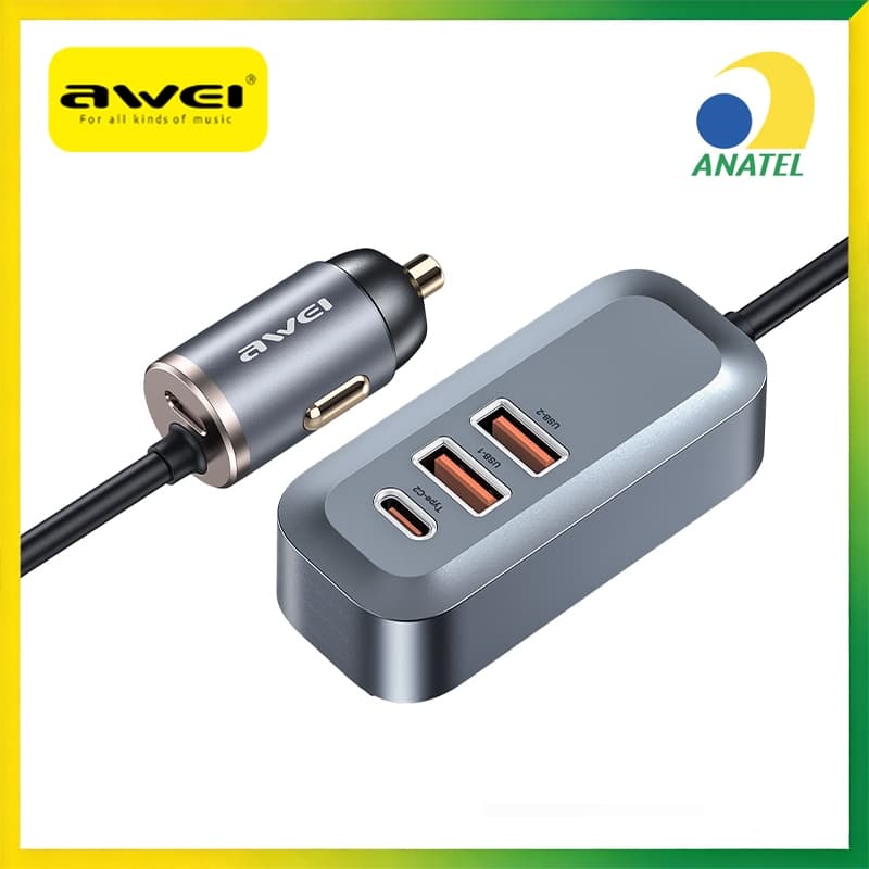 Carregador Veicular Awei C-835 100W Turbo Carga Rápida 2 USB-C + 2 USB-A + Cabo 1.5m