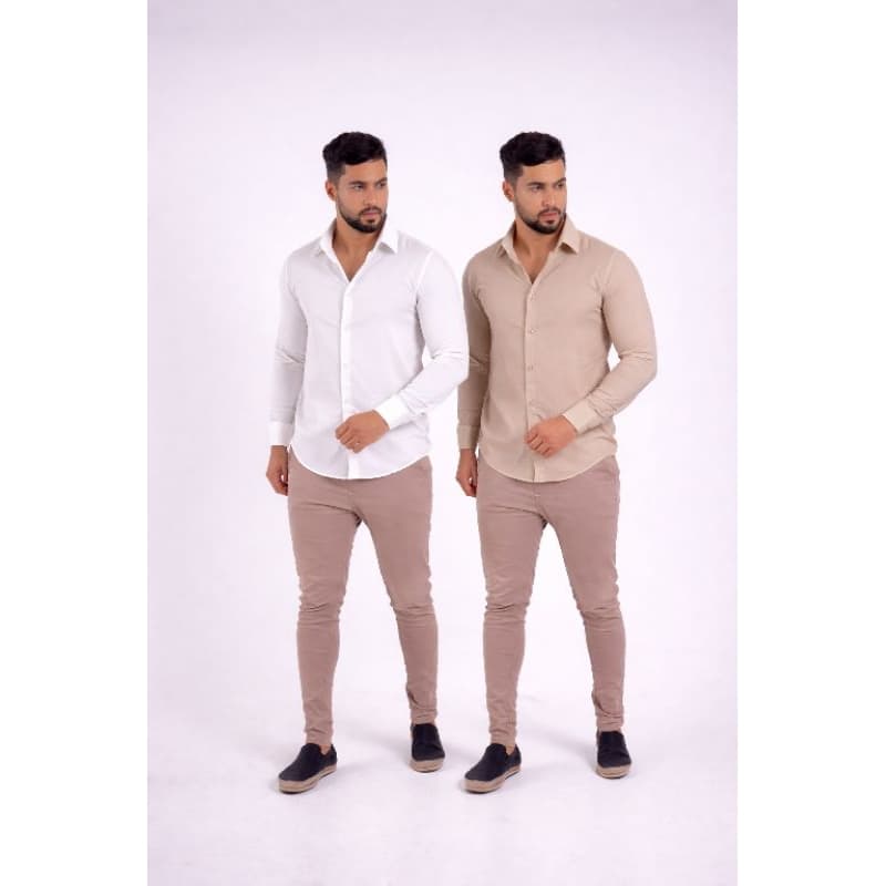 kit duas camisas masculinas slim fit camisa social manga longa