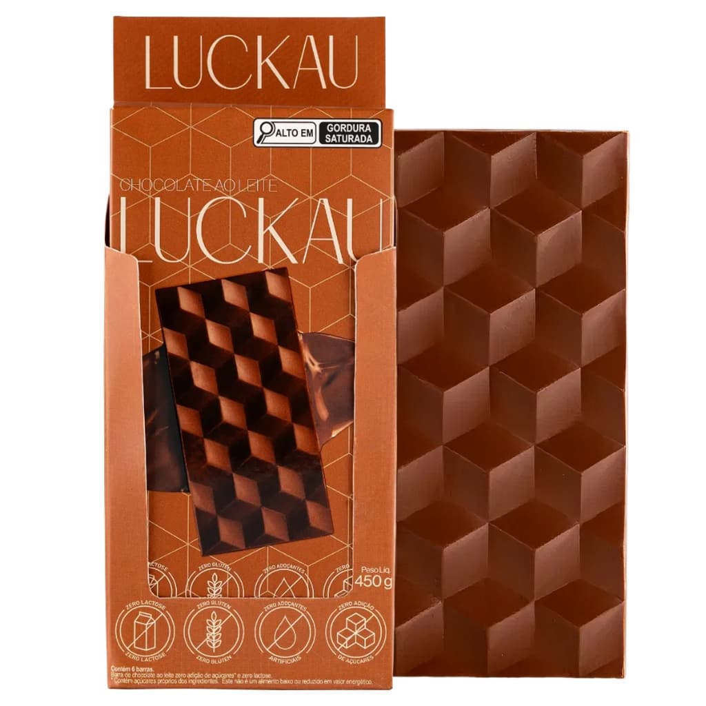 Barra de Chocolate Luckau Ao Leite Zero Açúcar Sem Lactose Caixa Com 6 Barras 75g Kit Saúdavel