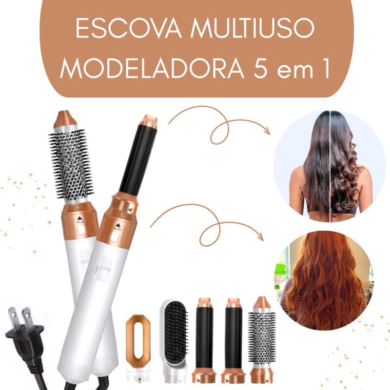 Escova Secador 5 em 1 Multifuncional PREMIUM - Alisa Modela e Penteia Cabelo Profissional Multiuso