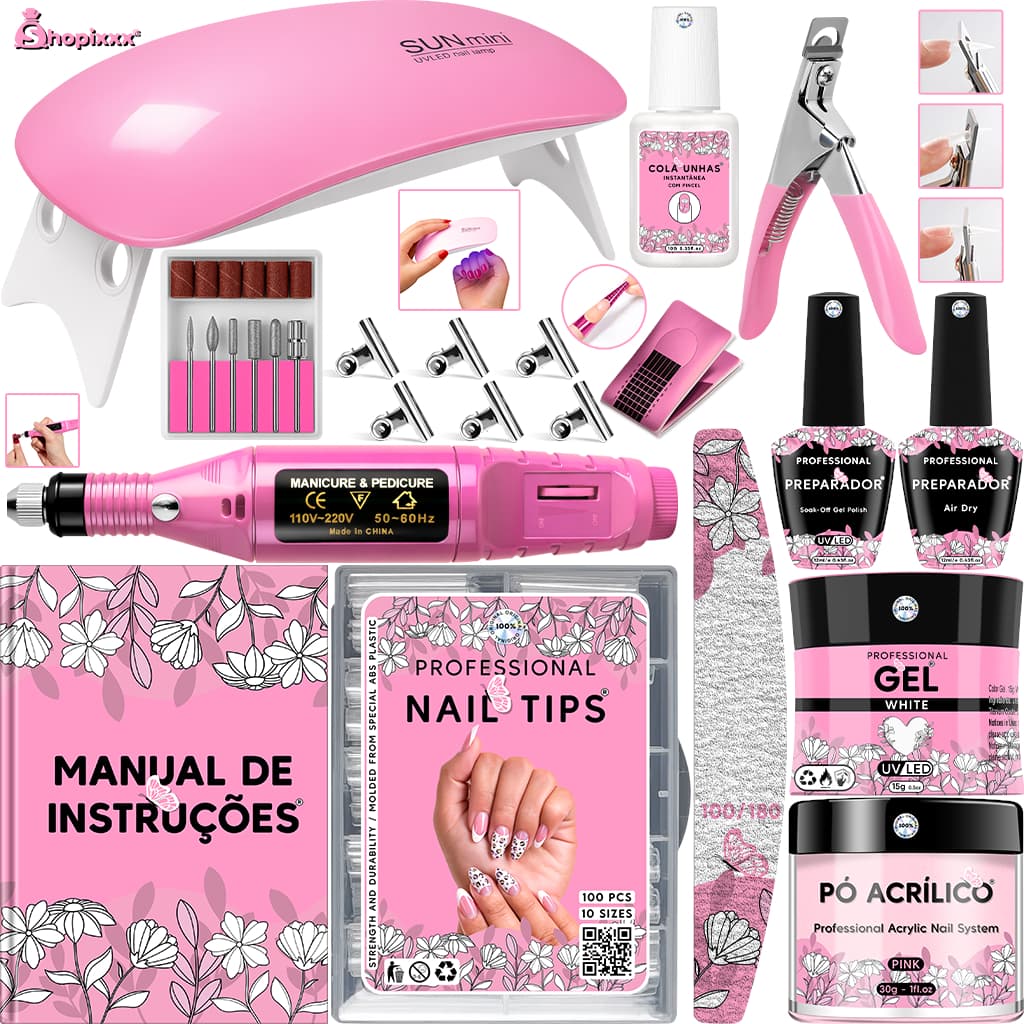 Kit Manicure Iniciante Unha Completo Gel Acrigel Acrílico Fibra Porcelana de Unhas Cabine Estufa Sun Mini Lixa Lixadeira