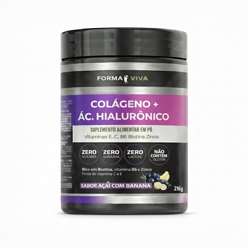 Colágeno + Ácido Hialurônico Forma Viva Colágeno Hidrolisado Zero Lactose Vitamina E, C, Vitamina B6, B7 Biotina e Zinco