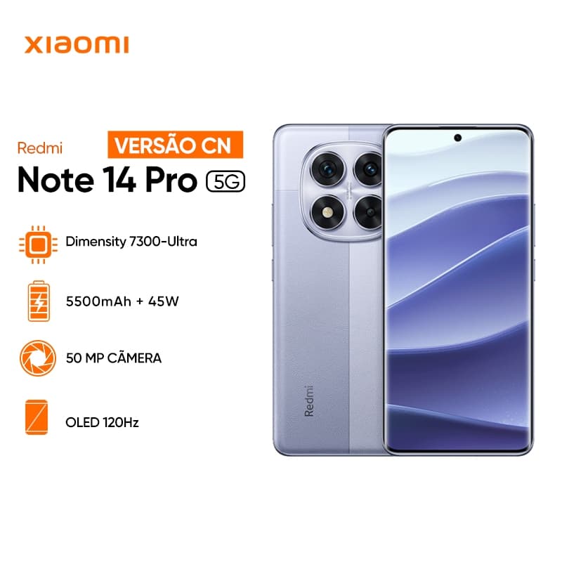 Versão chinesa Xiaomi Redmi Note 14 Pro 5G 256GB/8GB RAM Câmera 50MP, Processador Helio G100-Ultra