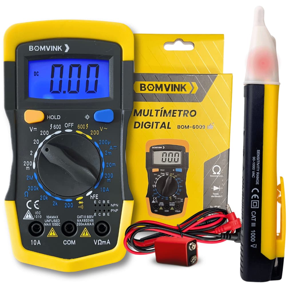 Kit Multímetro Digital 600V 10A LCD + Caneta Detectora Teste de Tensão com BEEP Profissional