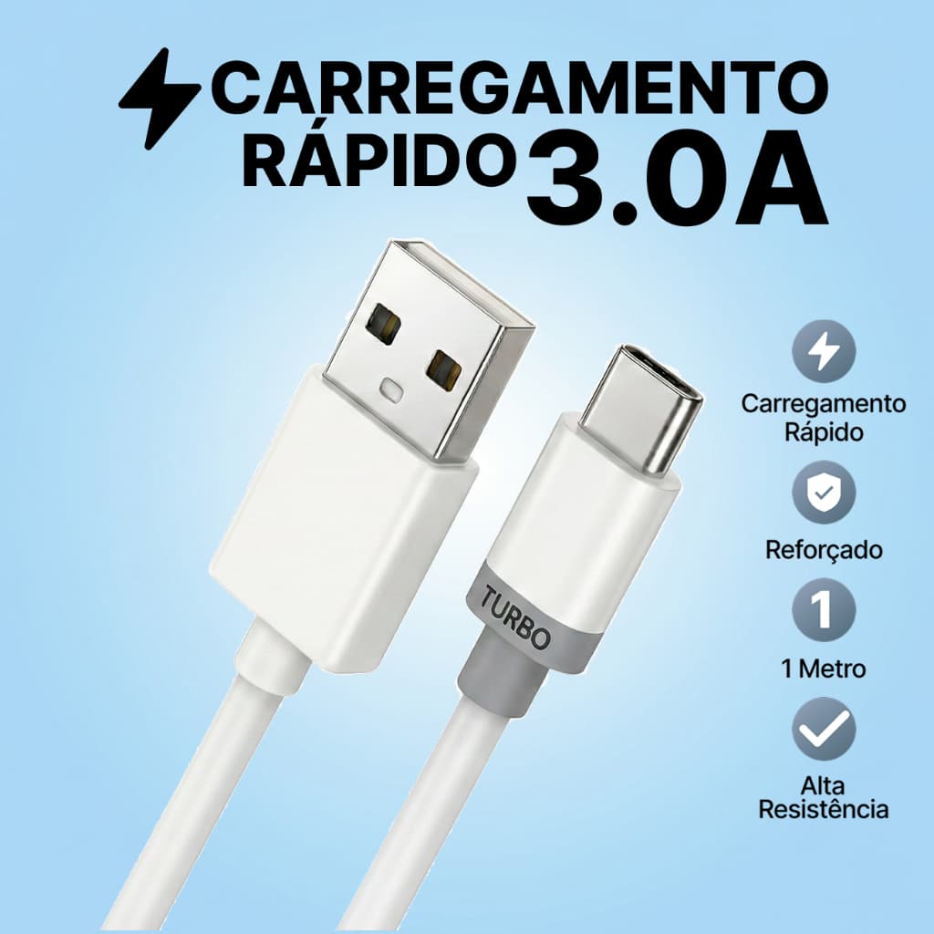 Cabo Carregador USB Tipo C Turbo 3.0A Carga Rápida Dados Android Reforçado 1m