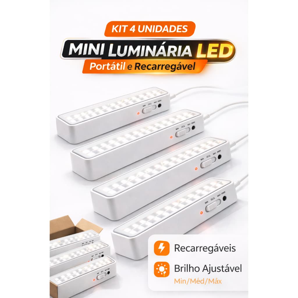 Kit 4 Luminária de Emergência Recarregável 30 Leds Bivolt Luz Branca Fria