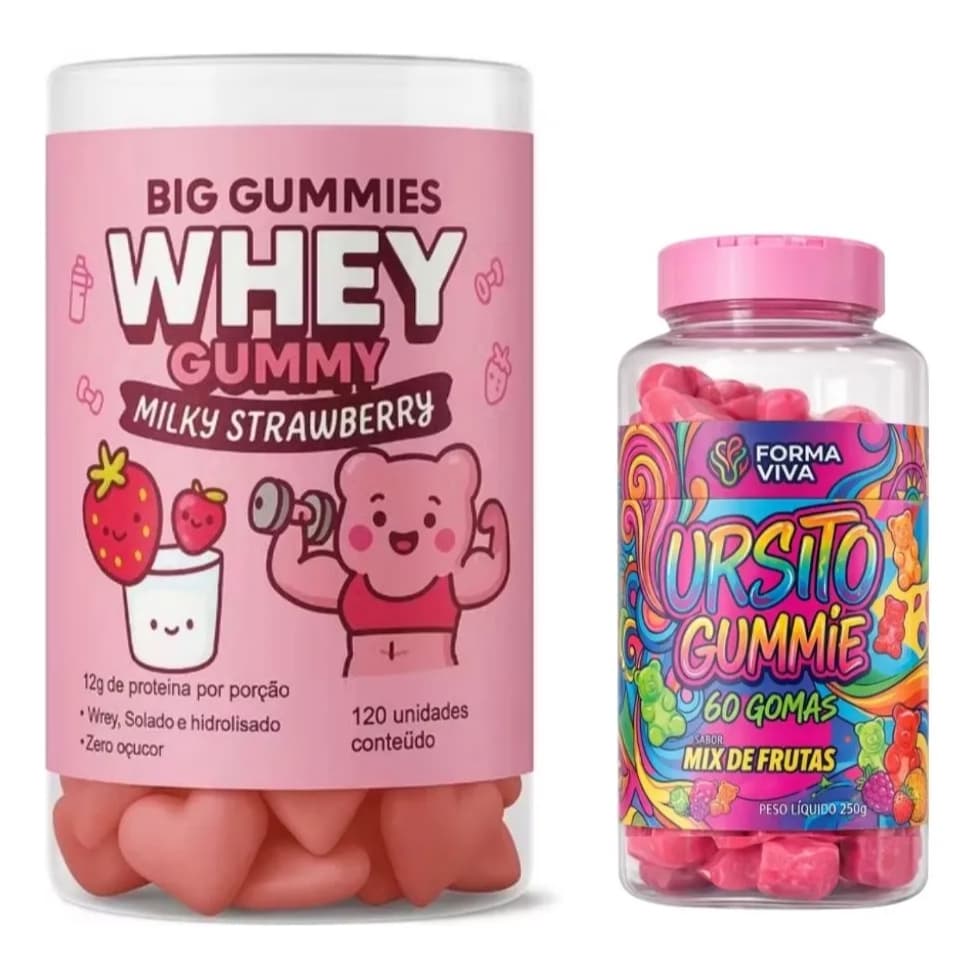 Gummy Whey Morango 12g de Proteína + Ursito Gummis Pre Treino Mix De Frutas
