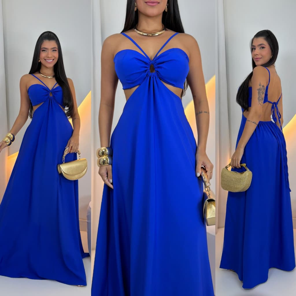 Vestido Longo Feminino Liso Sedinha Elegante Detalhes Alças Costas Aberta