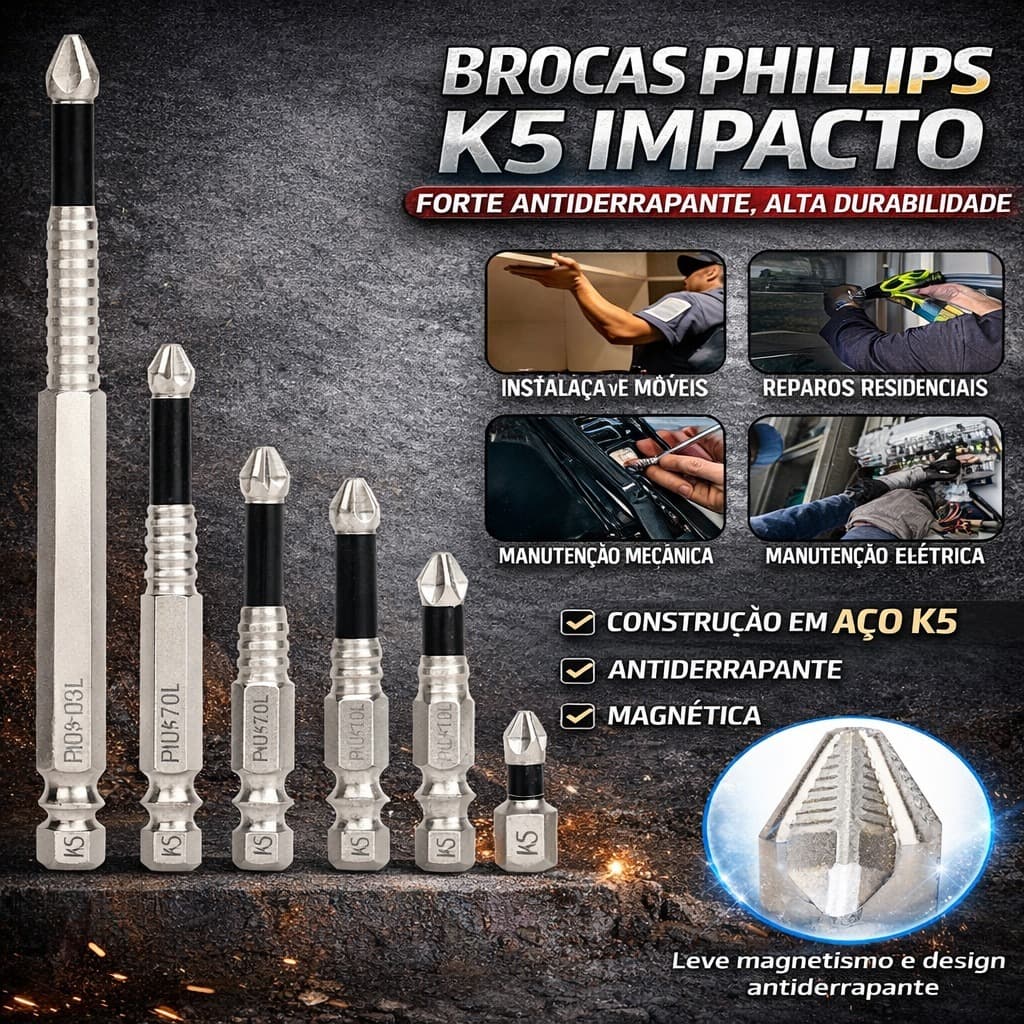 Kit 6 Pontas Phillips PH2 K5 Impacto 25-150mm Magnética Antiderrapante p/ Parafusadeira e Furadeira