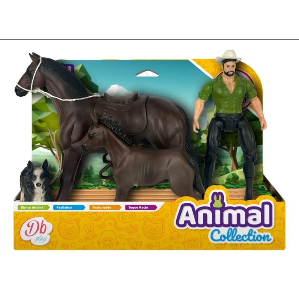 BRINQUEDO INFANTIL KIT VAQUEIRO COMPLETO: BONECO ARTICULADO, CAVALO COM, POTRINHO E CACHORRO