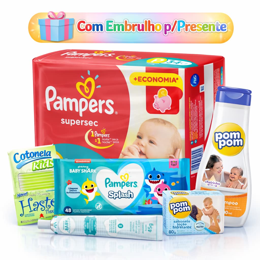 Kit Fraldas Pampers Pacotao Lenço Umedecido Suave Pomada Assadura Presente Chá de Bebe