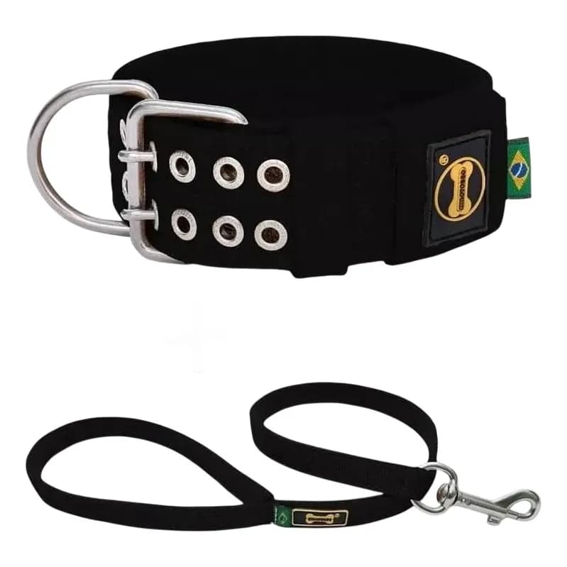 Coleira Tradicional 50mm Preto 2 Pino Fivela + Guia Mosquetão 80cm Cachorro Pet Pitbull Grande Porte Passeio Adestra Cao