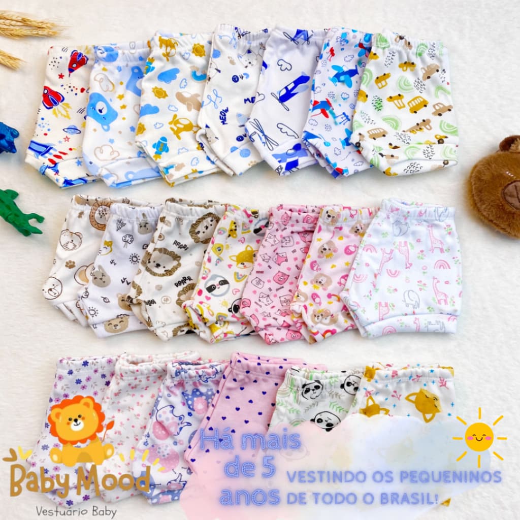 Kit 3 e 1 Shorts Tapa Fraldas Estampada Bebê Menino Menina Infantil 100% Tecido Ribana Algodão - Coloridos E Fofinhos