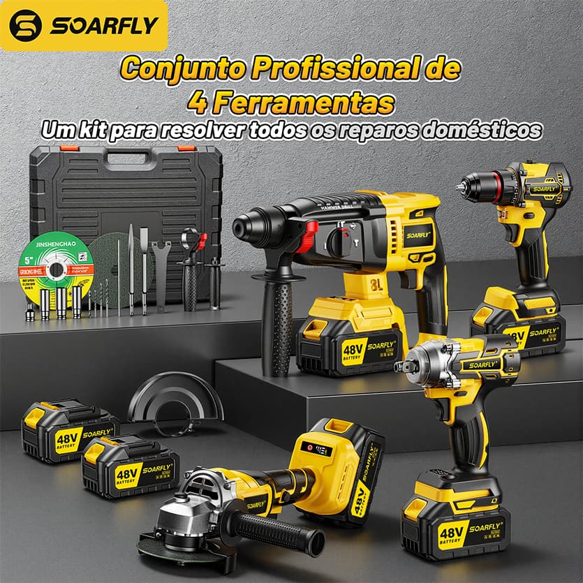 Ferramentas Multifunções 4 Em 1 Bateria 48v Martelete Parafusadeira Chave Pneumatica Esmerilhadeira