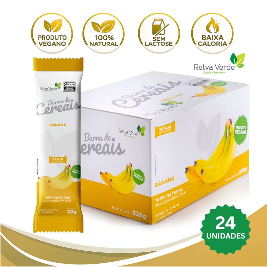 Caixa Barra de Cereal Vegana com Banana Barrinha de Cereal Fitness Snack Saudável Relva Verde