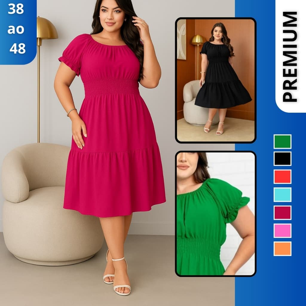 Vestido Midi Evangélico Plus Size com Lastex na Cintura e Babado - Tecido Duna