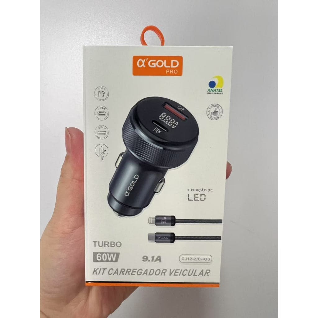 A’Gold CJ12-4 60W Carregador Veicular Rápido – Entrada USB-A & Tipo-C