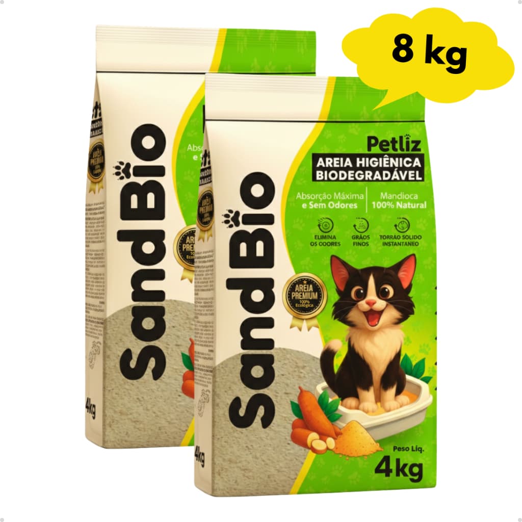 Kit 2 Areia Sanitária Higiénica Gatos Biodegradável Mandioca Sandbio Premium Grãos Finos Petliz 8 kg