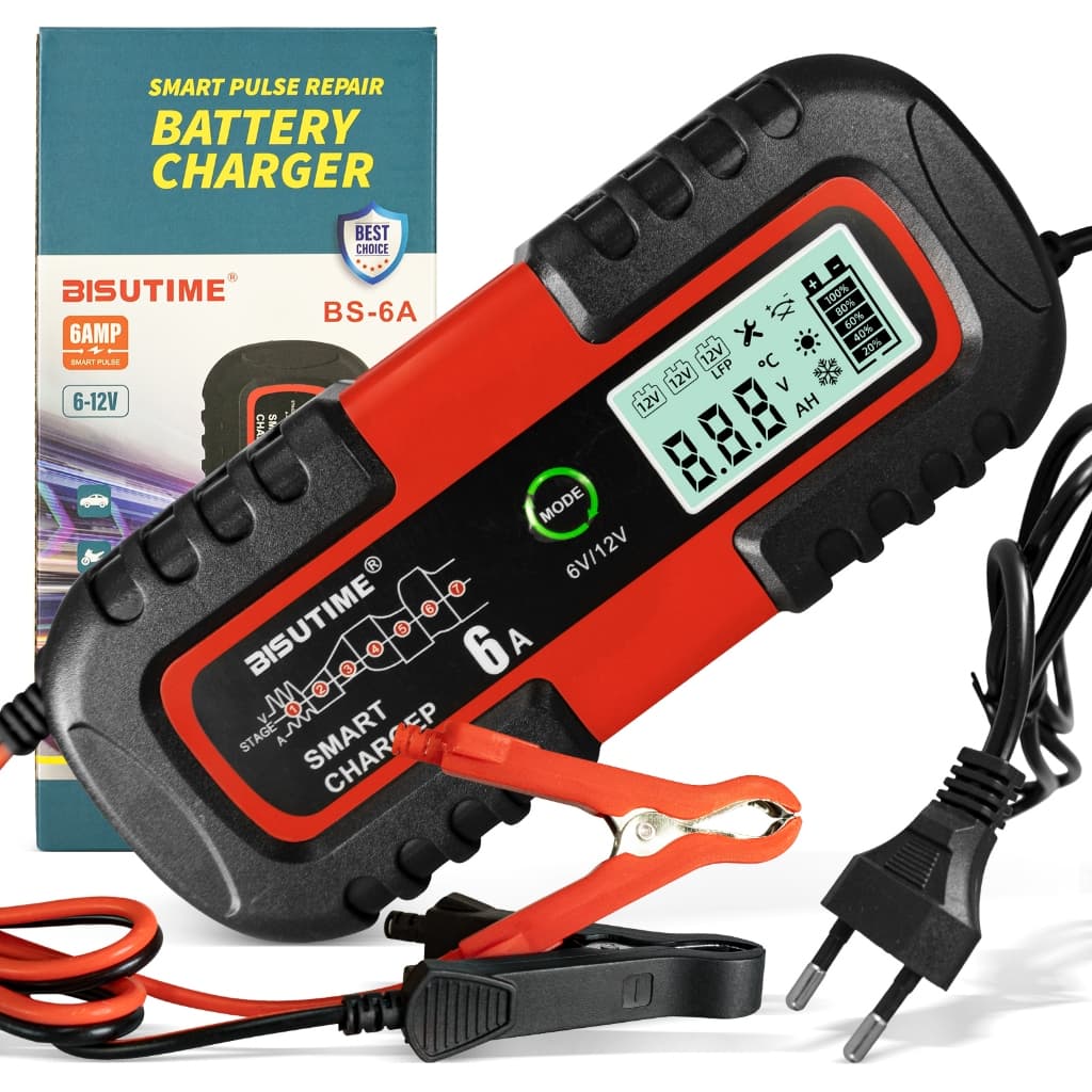 Carregador de Bateria Inteligente 6A | 6V/12V, Reparação por Pulso e Detecção de Temperatura Compatível com Carros,Motos