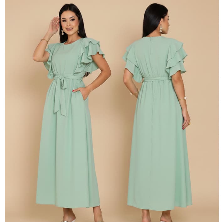 Vestido Feminino, tendencia verão Manga Babado elastex  nas Costas  Estilosa Tecido Duna Não Amassa Moda Evangélica