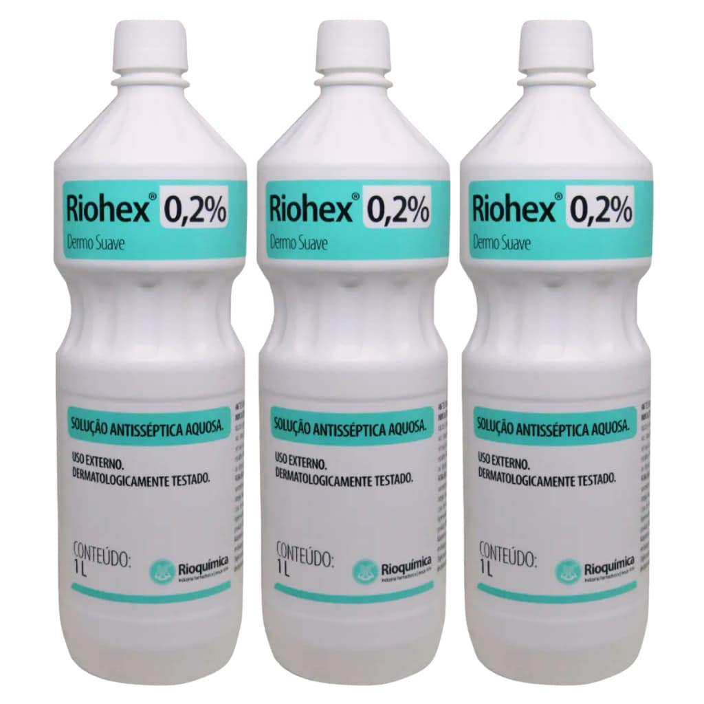 Kit 3 Clorexidina 0,2% Aquosa 1L Riohex Rioquímica Antisséptico Higiene Pele