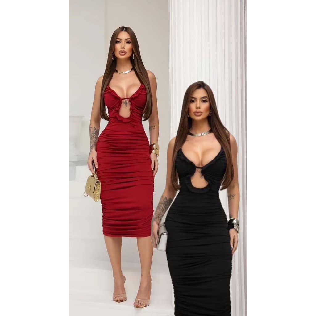 KIT DE 2 VESTIDOS MID DRAPEADO COM DECOTE PROFUNDO, VESTIDO QUE VIRALIZOU, VESTIDO DO MOMENTO, VESTIDO ELEGANTE