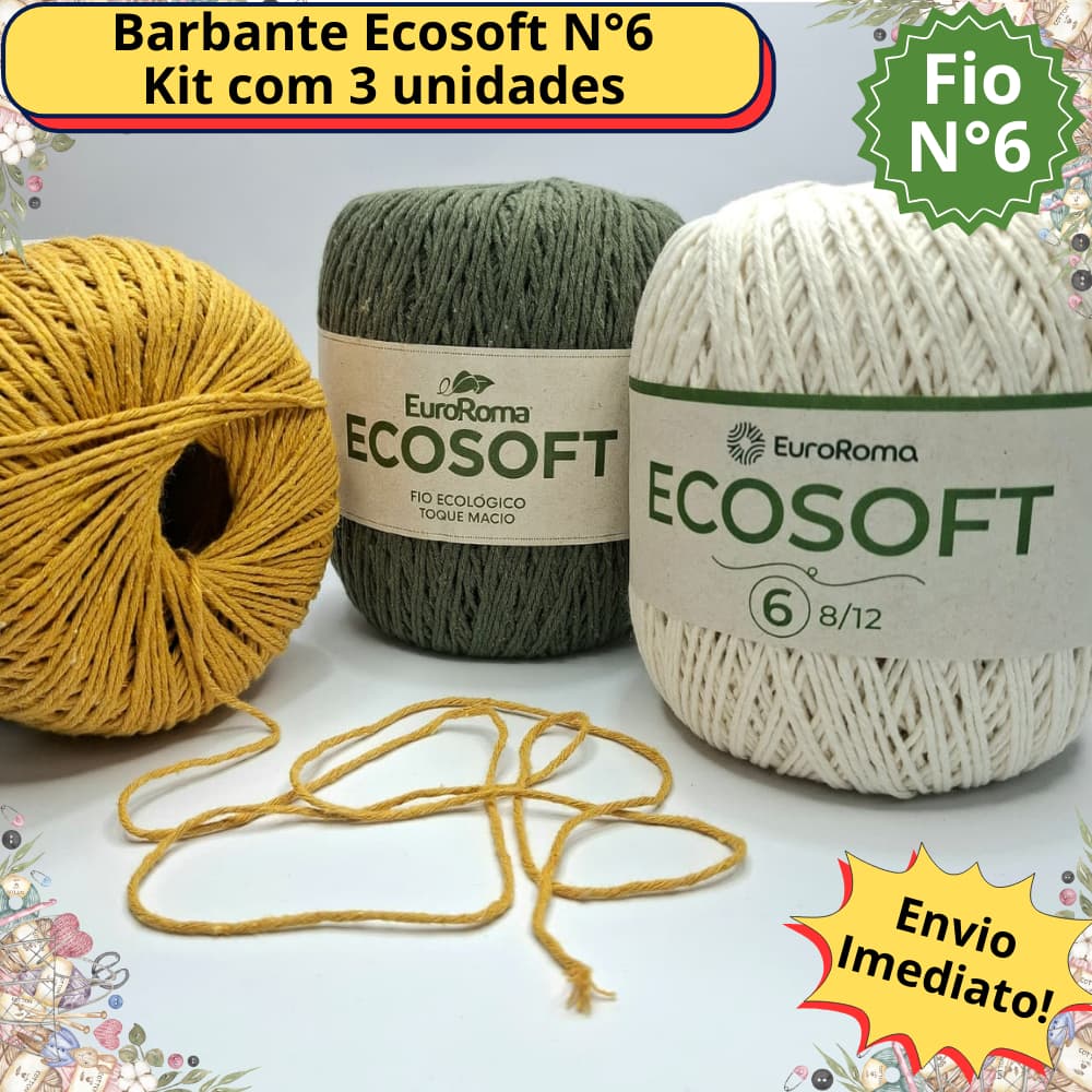 Kit 3 Barbante Ecosoft N°6 Euroroma 452m Similar ao Barroco fio para Tricô e Crochê
