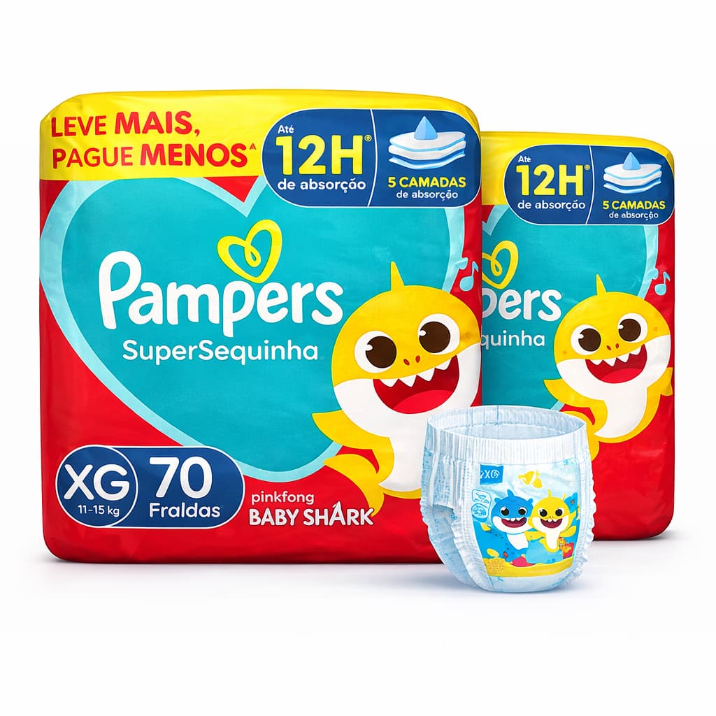 Fralda Pampers Super Sequinha XG 70 Unidades Baby Shark