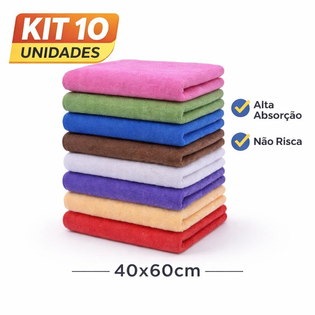 Kit 10 Panos de Microfibra 40x60 Alta Absorção Multiuso Limpeza Casa Carro Vidro Super Macio