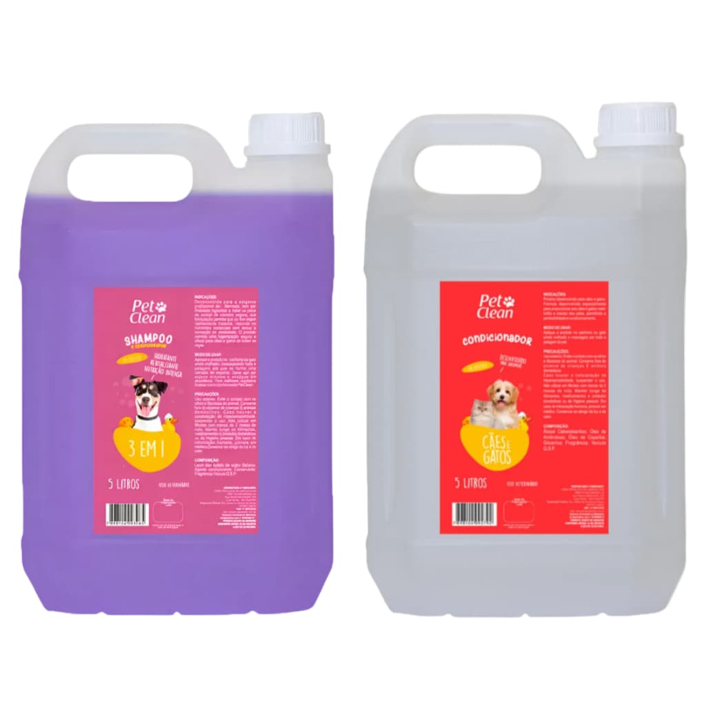 Kit 1 Shampoo + Condicionador - 5 Litros Cada - Pet Clean Para Cães e Gatos - Total 10 Litros