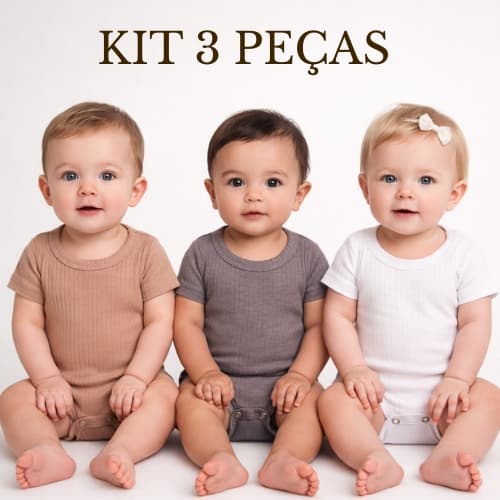 Kit 3 Peças Body Bebê Manga Curta Ribana Canelada Liso Unissex Menino Menina Enxoval Básico