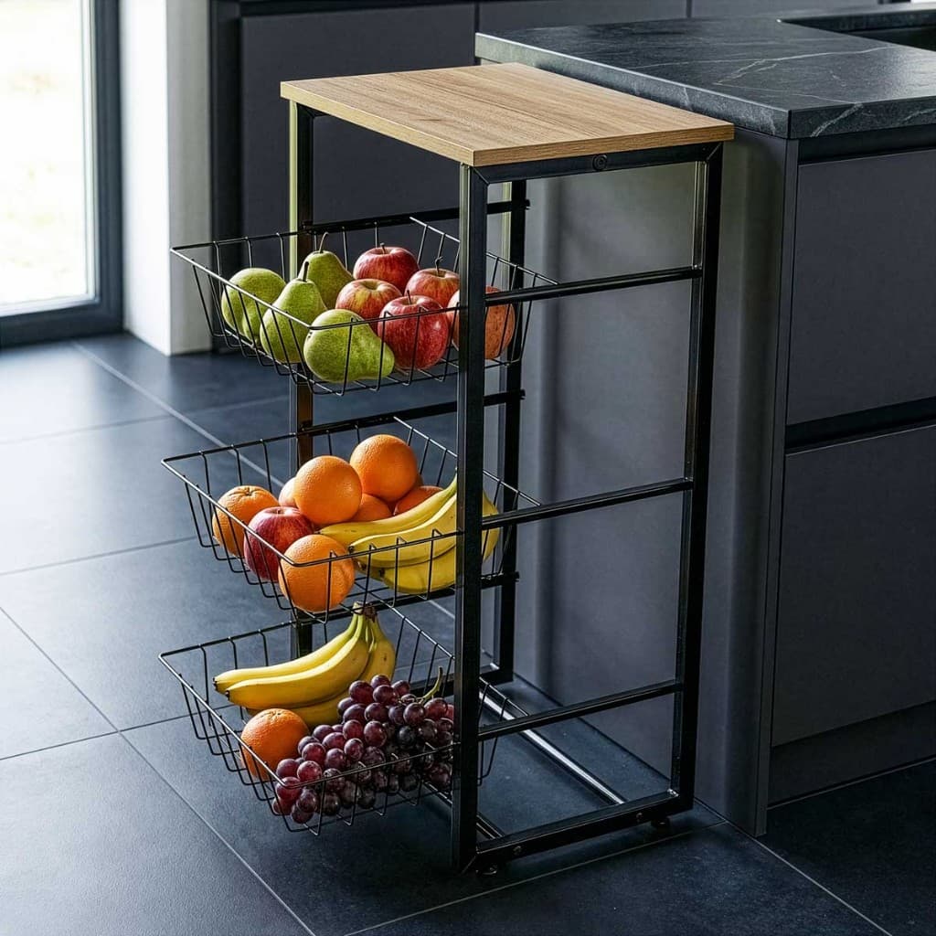 Fruteira de Chão para Cozinha Ferro Com Cesto Organizador Multiuso 78cm